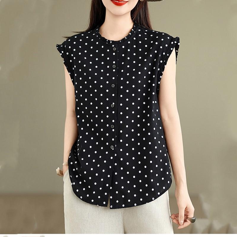 Kurzarm Oversize Baumwolle Pünktchen Vintage Hemden & Blusen für Bluse Lässig locker Sommer Oberteile Damen Knopfleiste Hemd