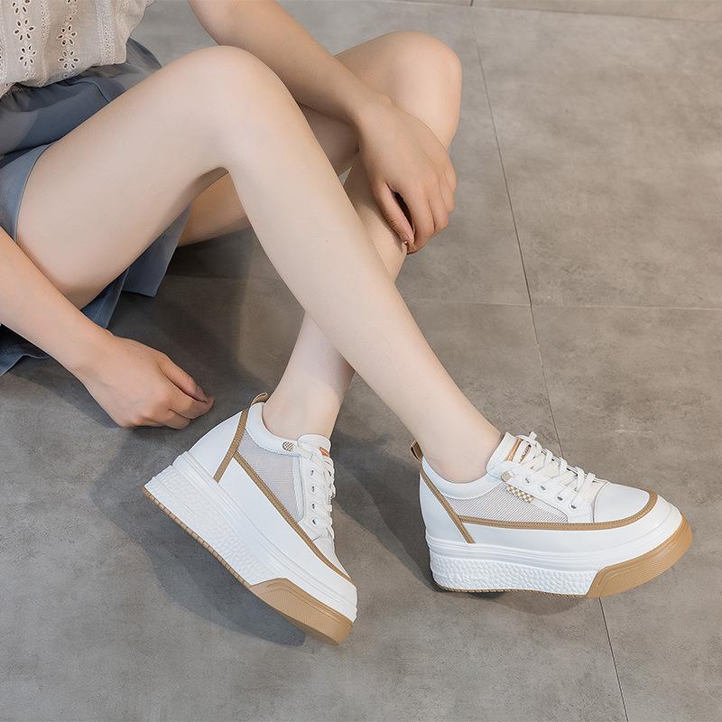 Leather little white shoes women's 2025 new mesh breathable thick baseplate shoes muffin sports shoes inner height increase casual women's shoes