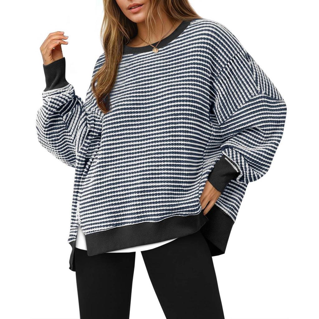 Women's Long-sleeved Round-neck Striped Round-neck Versatile Casual Loose Sweatshirt