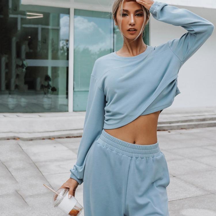 Women Autumn Winter Loose Hoodies Suit Long Sleeve O Neck Top with Wide Leg Pants Solid Color