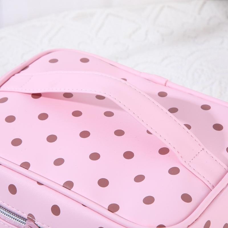 1/3Pcs Pink Polka Dot Pu Makeup Bag Set Large Capacity Sturdy Handle For Travel Daily Cosmetic Storage