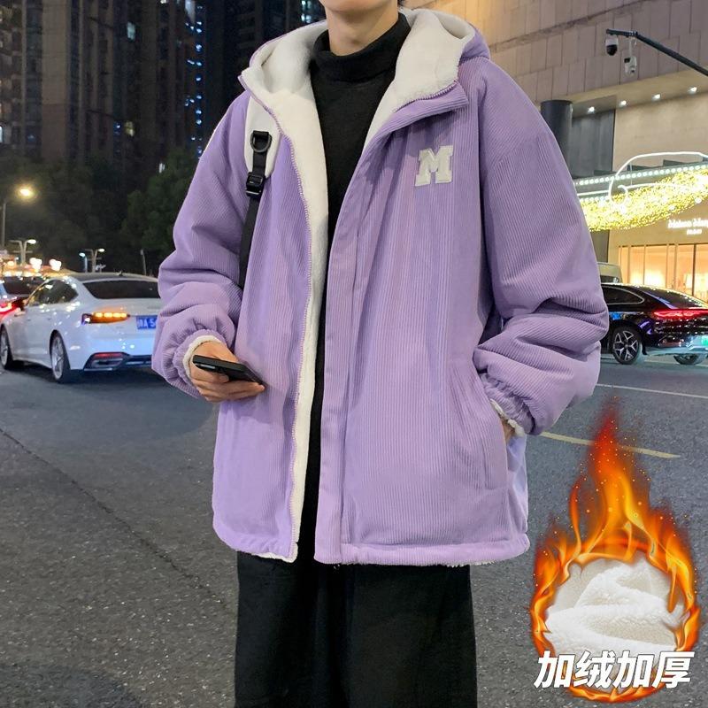 Autumn and winter double-sided coat fashion trend lamb wool jacket hooded double-sided coat green couple