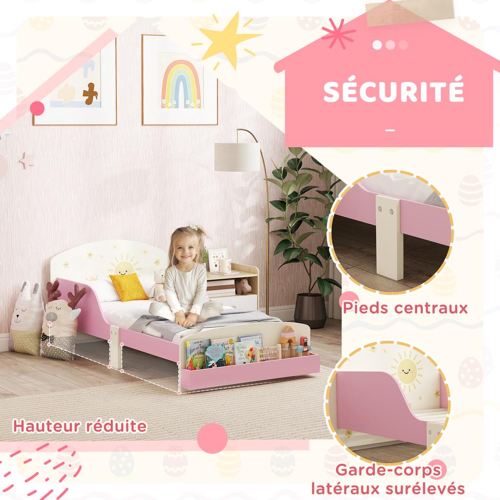 Toddler Bed with Storage, Guardrails, Sun Design, for Ages 3-8 Years, Fits 140 X 70cm Mattress,