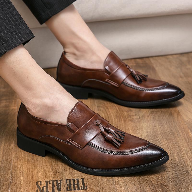 Men s British Style Tassel Loafers - Casual Leather Slip-On, Large Size, Pointed Toe 43 коричневый