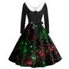 Women's Fashion V-Neck Casual Slim Christmas Printed Long Sleeve Hair Collar Dresses