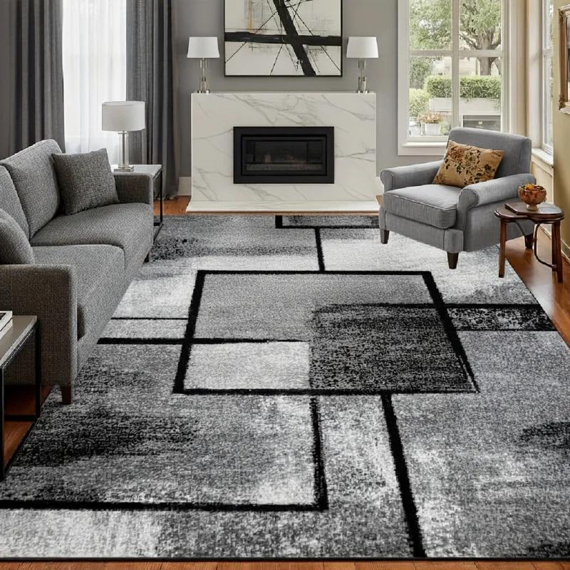 Modern Gray Black Geometric Square Area Rug Non-Slip Washable Soft Floor Carpet for Living Room Bedroom Home Decor