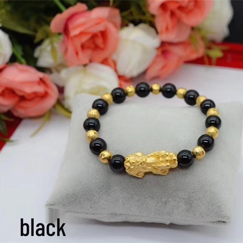Gold-Plated Pixiu Bracelet with Red & Green Chalcedony - Unisex Fashion Jewelry