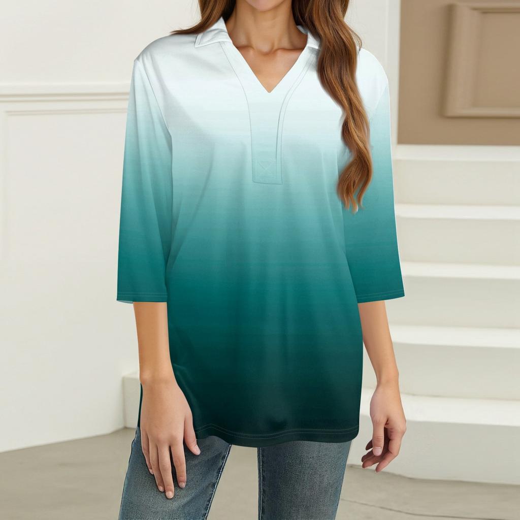 Chemise Imprimée Décontractée à Revers et Manches 3/4 pour Femme - Tops à Col en V pour Femme