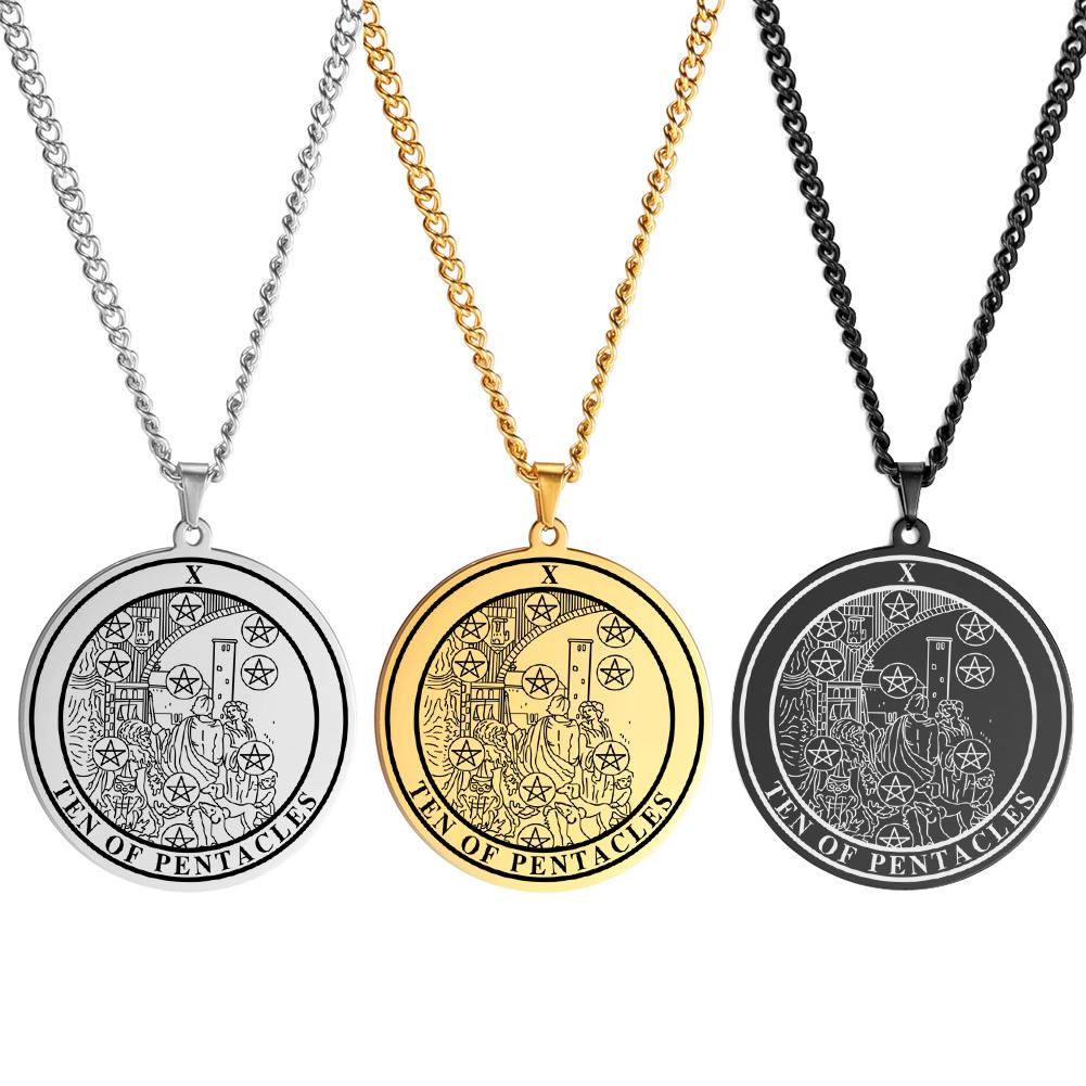 LIKGREAT Spiritual Tarot Necklace for Men and Women Pentacles Pendants Necklaces Vintage Round Stainless Steel Jewelry Gift