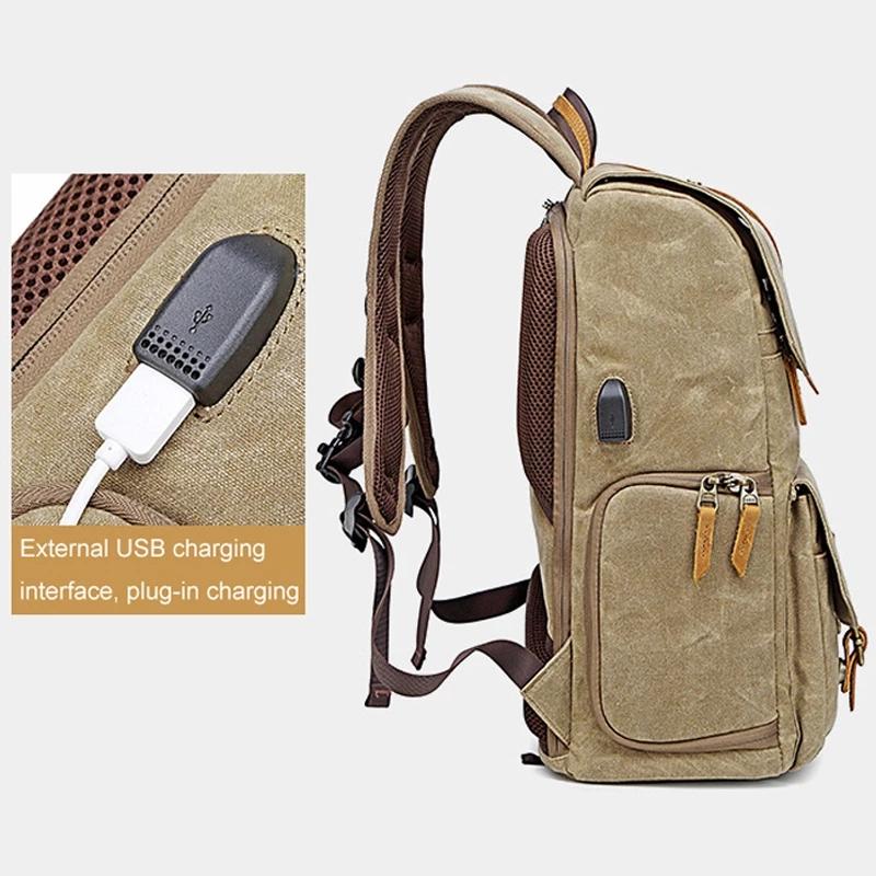 Photography Retro Waterproof Canvas Backpack USB Port 15.6inch Laptop Camera Bag Carry Case For Canon Nikon DSLR