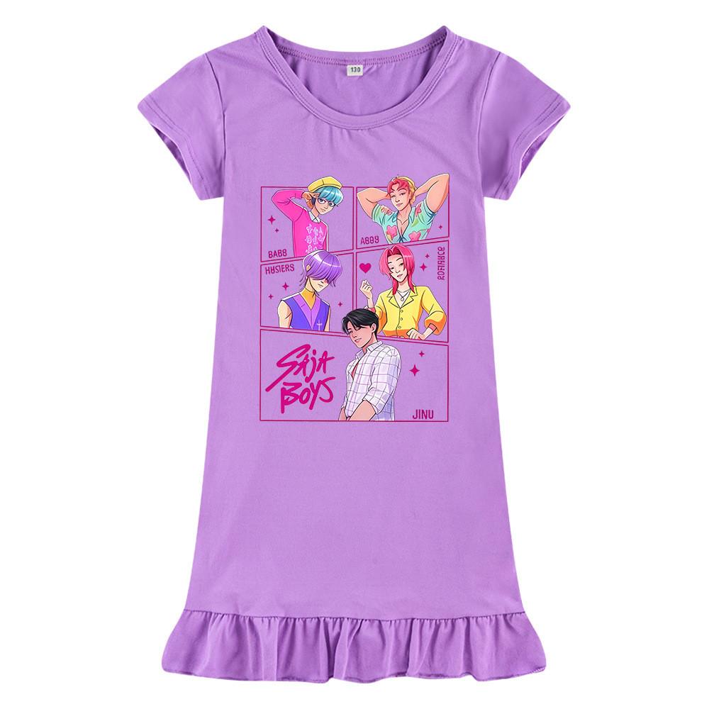 

M1217 Kids Girls Sajaboys Kpop Rumi Zoey Mira Print Short Sleeves Ruffle Dress 150cm фіолетовий