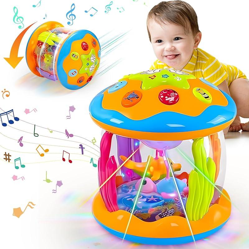 Baby Toys for 6 to 12 Months, Drum Musical Learning Infant Toys Rotating Light Up Toys for 12-18 Months, Tummy Time Toys for Baby 0-3-6-9 Months, Ocean Rotating Toy