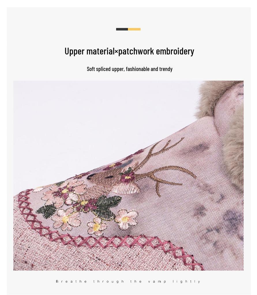 Damskie Bawełniane Botki Wsuwane z Haftem Jelonka - Wyściełane Aksamitem, Gruba Podeszwa, Buty Zimowe.