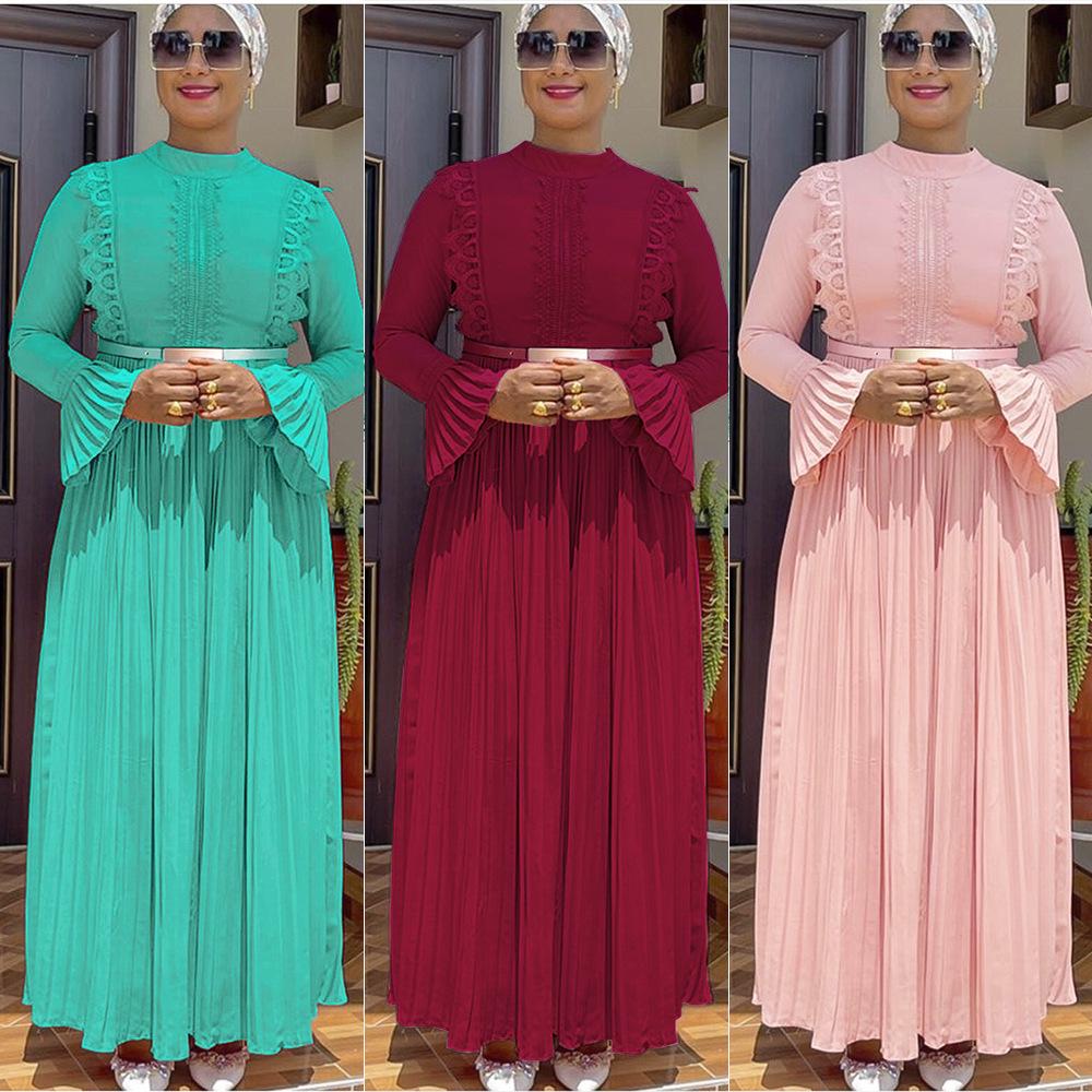 African Women's Muslim Long Sleeve Chiffon Pleated Skirt Dress with Belt