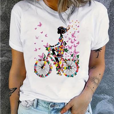 Fashion Women Bicycle&Butterfly Print T Shirt Funny Casual O-neck Short Sleeves T-shirt Summer Female Tee Shirt