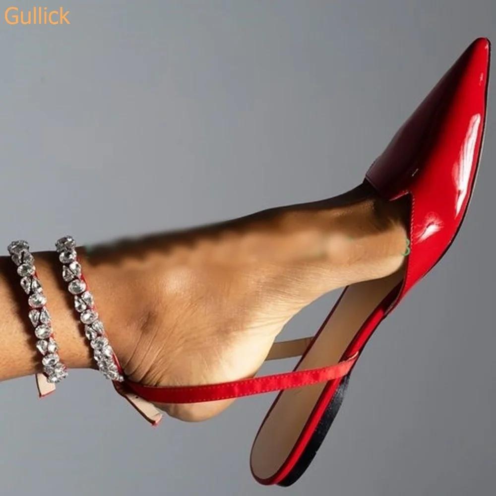 Dámské špičaté baleríny s diamantovou výzdobou a šněrováním kolem kotníku, obuv pro každý den, venkovní obuv, sandály slingback velikost 43