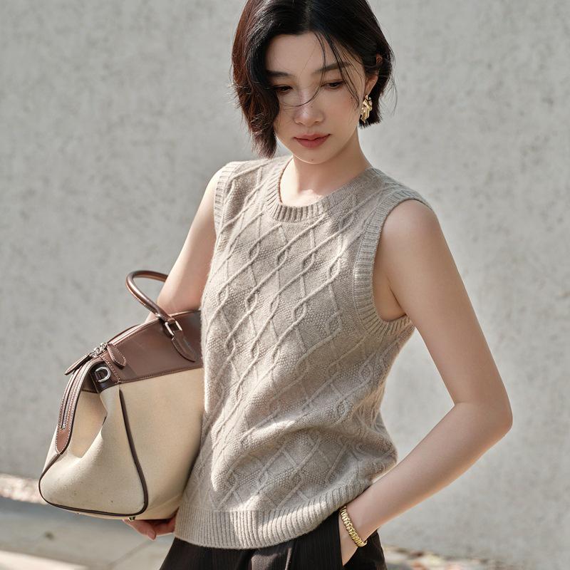 Autumn/Winter Women's Slimming Sleeveless Pure Cashmere Cable Knit Diamond Pattern Top