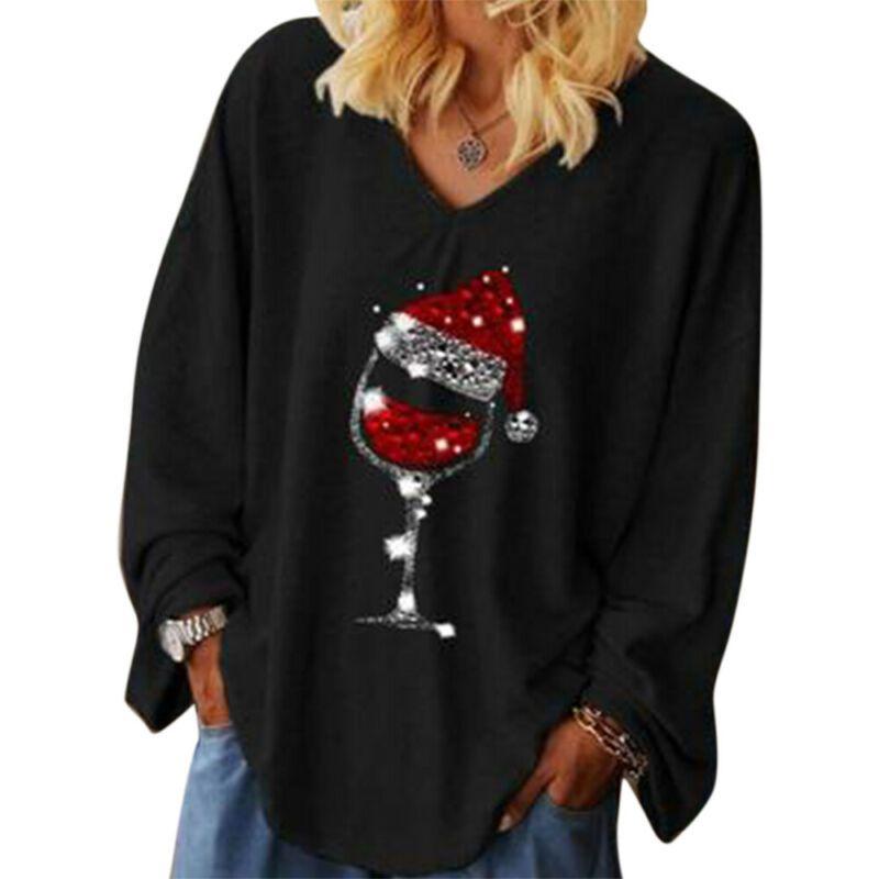Christmas Wine Womens Glass Tee Tshirt Vneck Long Sleeve Pullover Tops Blouse