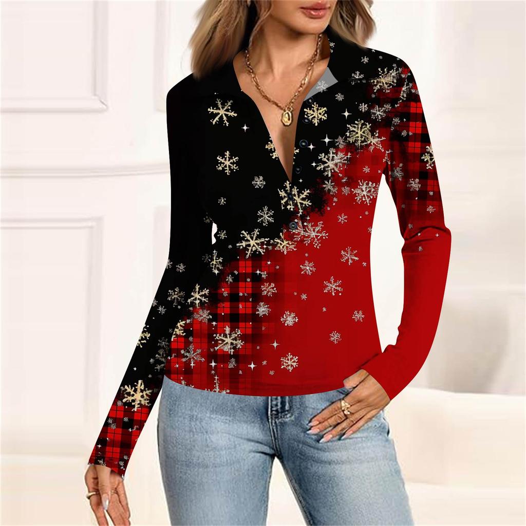 Damenmode Lässig Bedrucktes V-Ausschnitt Langarm Knopfleiste Oberteil