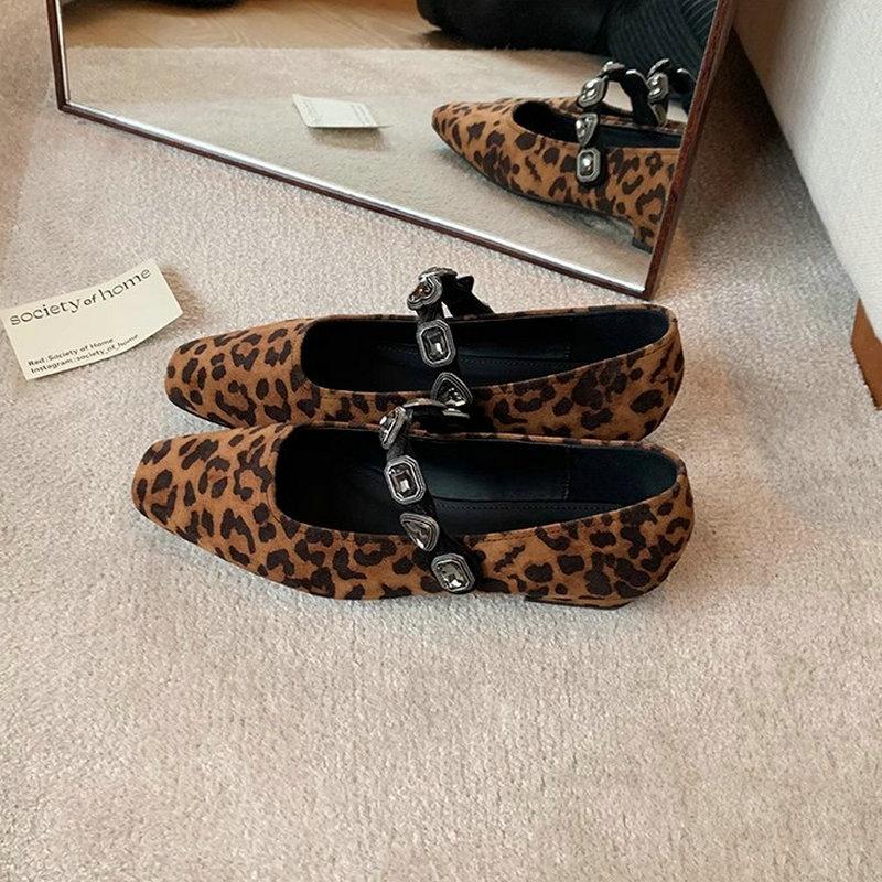 Fashion Flat Shoes for Women 2025 New Spring Autumn Square Toe Leopard Print Diamond Shallow Mary Jane Plus Size Women's Shoes