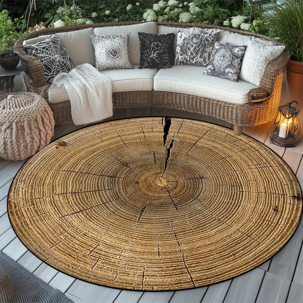 Tappeto Rotondo in Flanella con Venature del Legno e Anelli degli Alberi, Rustico, per Esterno, Patio, Giardino, Balcone, Tappetino per Pavimento, Texture Naturale, Decorazione Ecologica