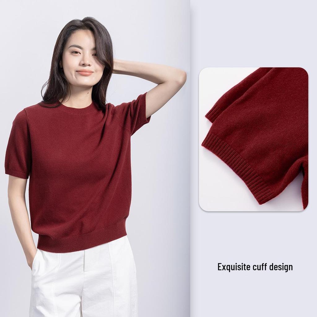 Purple French Round Neck Wool Knit Short Sleeve Women's Top