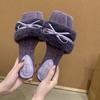 French Bow Square Head Fluffy Slippers Women's Outer Wear 2025 New Autumn Indoor Flat One-word Cotton Slippers