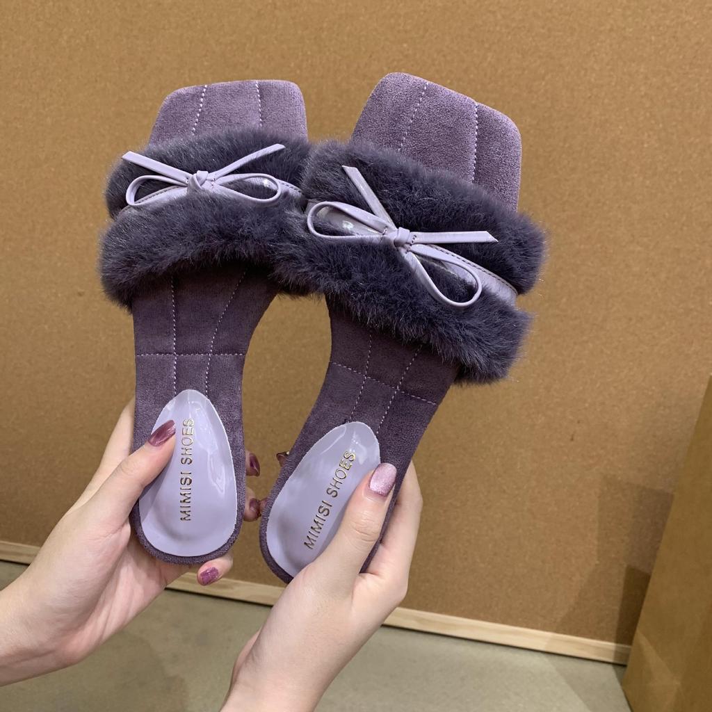 French Bow Square Head Fluffy Slippers Women's Outer Wear 2025 New Autumn Indoor Flat One-word Cotton Slippers