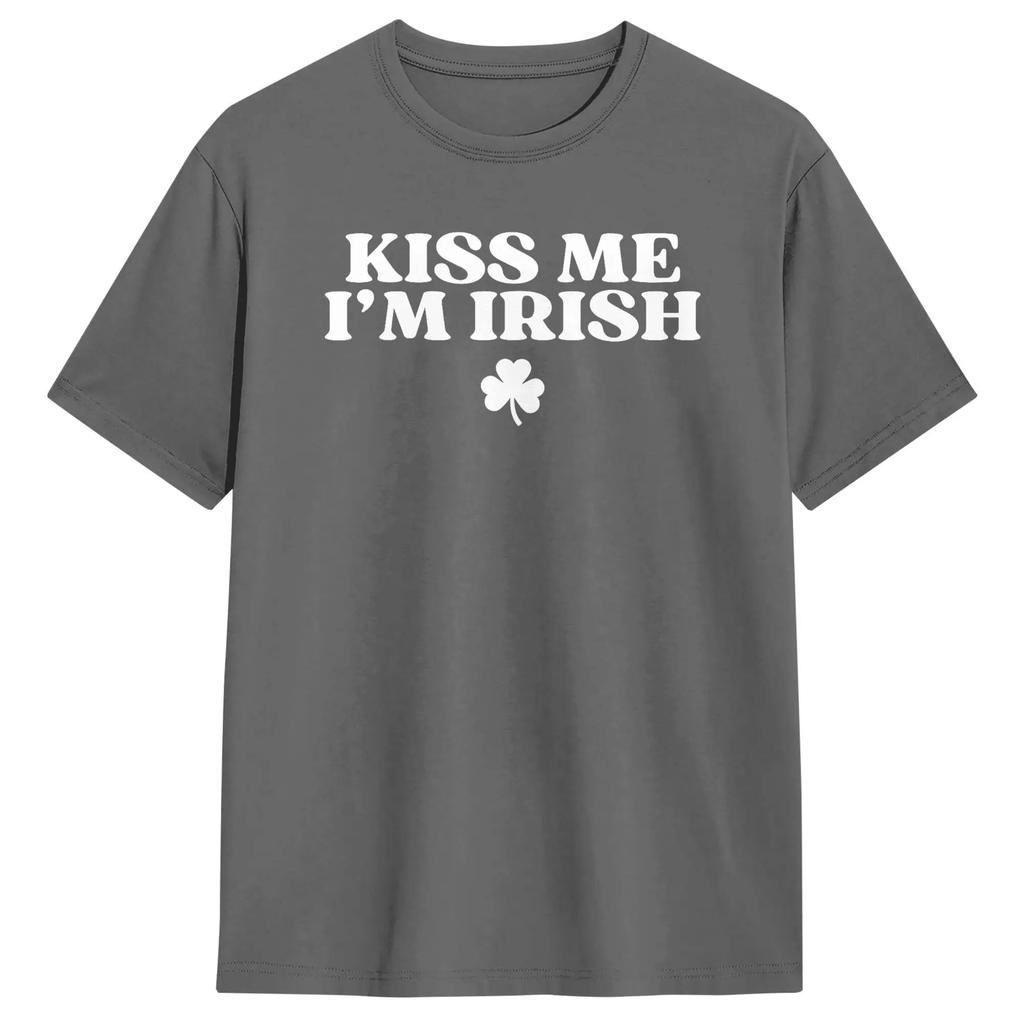Vintage Kiss Me I'm Irish Funny St Patricks Day T-Shirts Men Round Collar Cotton T Shirts  Short Sleeve Tees Gift Idea Tops