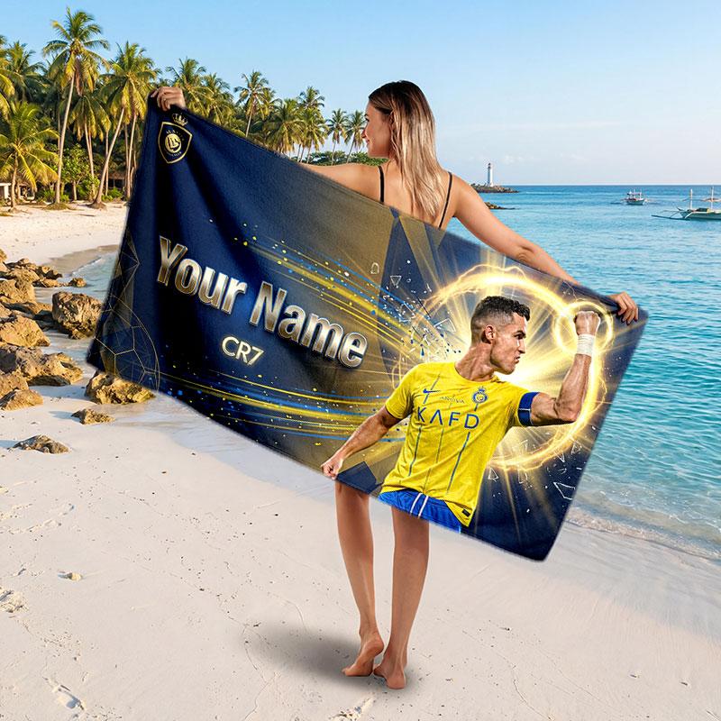 Cristiano Ronaldo Custom Beach Towel, Personalized Name Text Print, Football Logo Soft Quick‑Dry Towel Holiday Gift