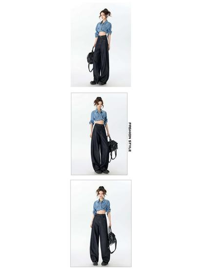 Women's High Waist Wide Leg Retro Scimitar Jeans - Deep Blue, Versatile Spring & Autumn