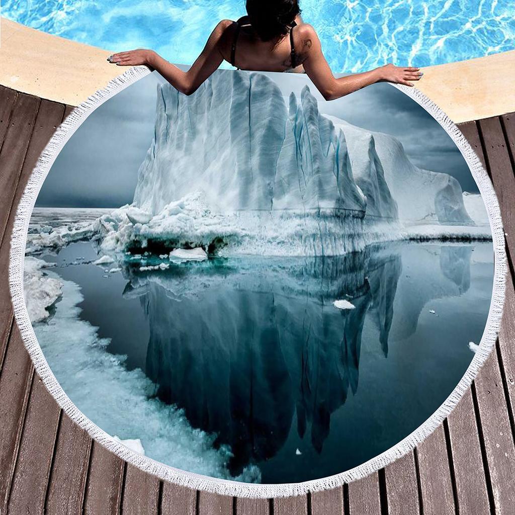 Antarctic Iceberg Round Beach Towel with Tassels, Absorbent Quick Dry Circle Pool Towel Roundie Yoga Meditation Mat Picnic Rug