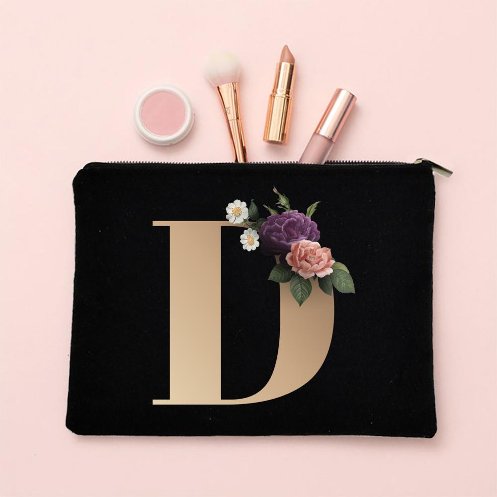 Alphabet Floral Makeup Bag Bridesmaid Maid of Honor Holiday Wedding Bachelorette Party Gift Canvas Cosmetic Zipper Storage Pouch