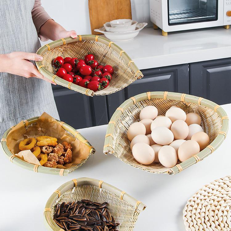 Bamboo Woven Kitchen Basket Set: Winnowing Basket, Fruit Basket, Snack Plate, Steamed Bun Mold, Sieve, Vegetable Washing Basket.