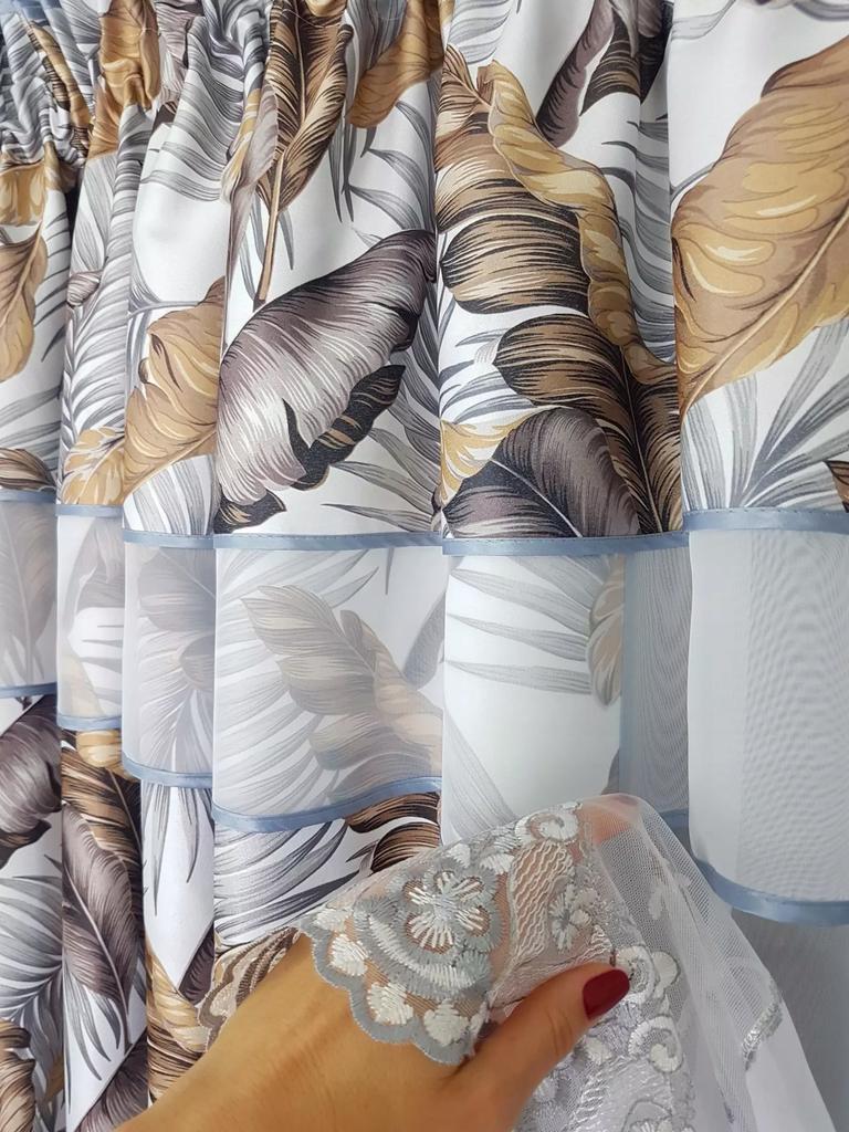 Ready-made Curtain with Drapes and Embroidery - Gray-brown