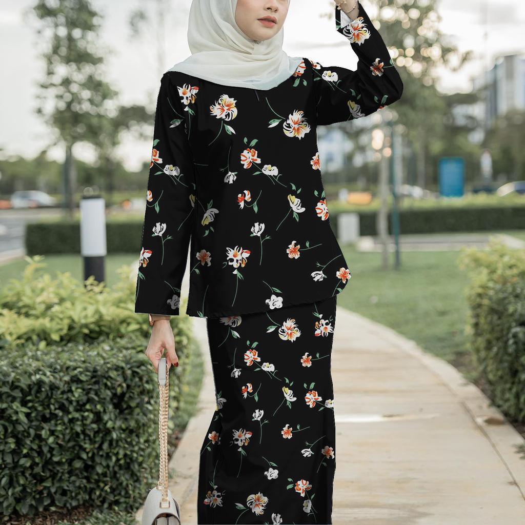 New style printed black series ethnic style suit Kurung Pahang fashionable, comfortable and breathable chiffon fabric ladies dress suit