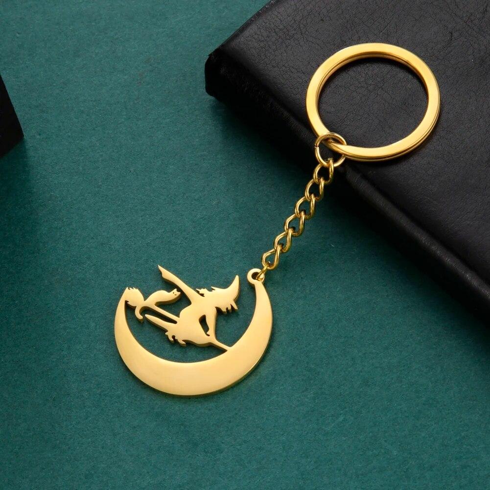 COOLTIME Halloween Cartoon Witch Cat Moon Keychain for Women Men Stainless Steel Gold Color Key Ring Holder Friends Gift Jewelry