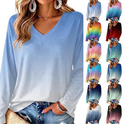 Women's V-Neck Long Sleeve Gradient Print Blouse Lightweight for Spring Summer
