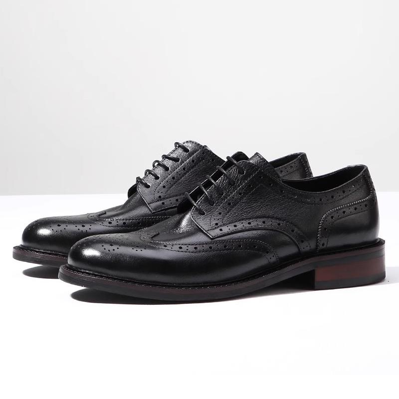 Handmade Carved Genuine Leather Brogue Shoes Men'S Oxfords Classic Round Head Block Heel Lace Up Business Formal Work Shoes Male