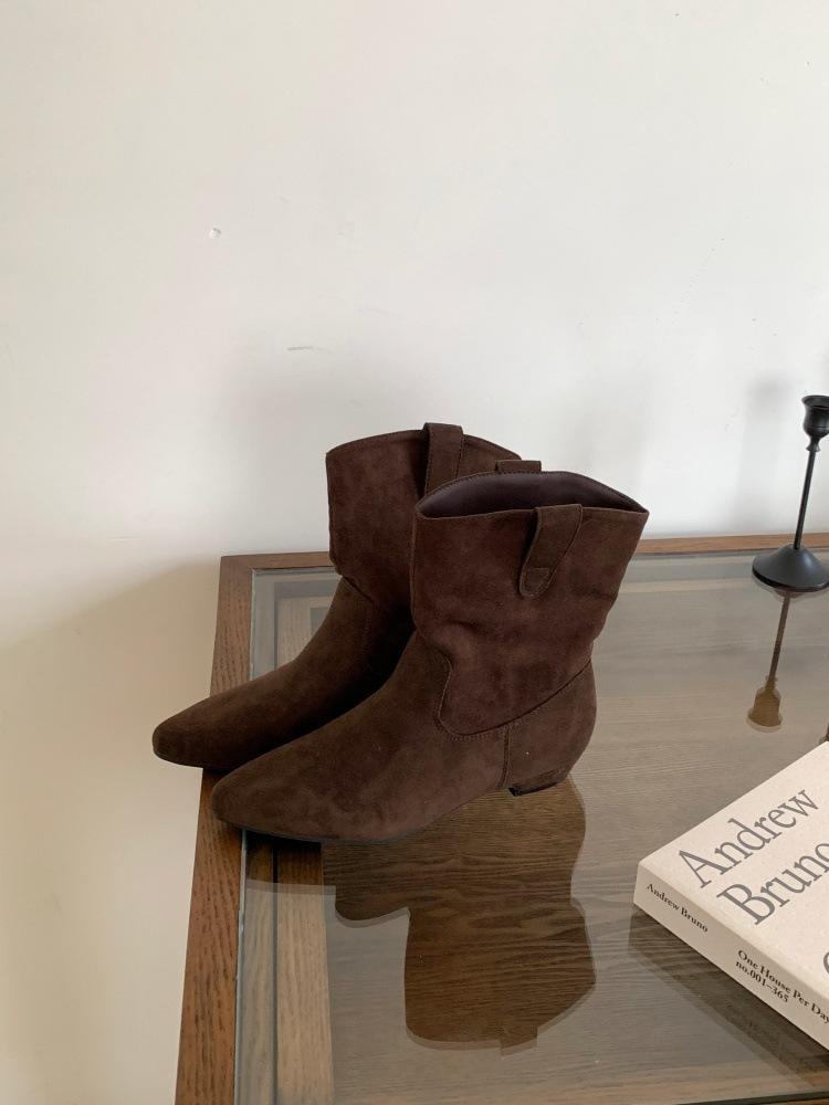 Vintage Velvet Sleeve Coarse Heel Short Boots Women's Autumn Pile Boots Western Boots Martin Boots