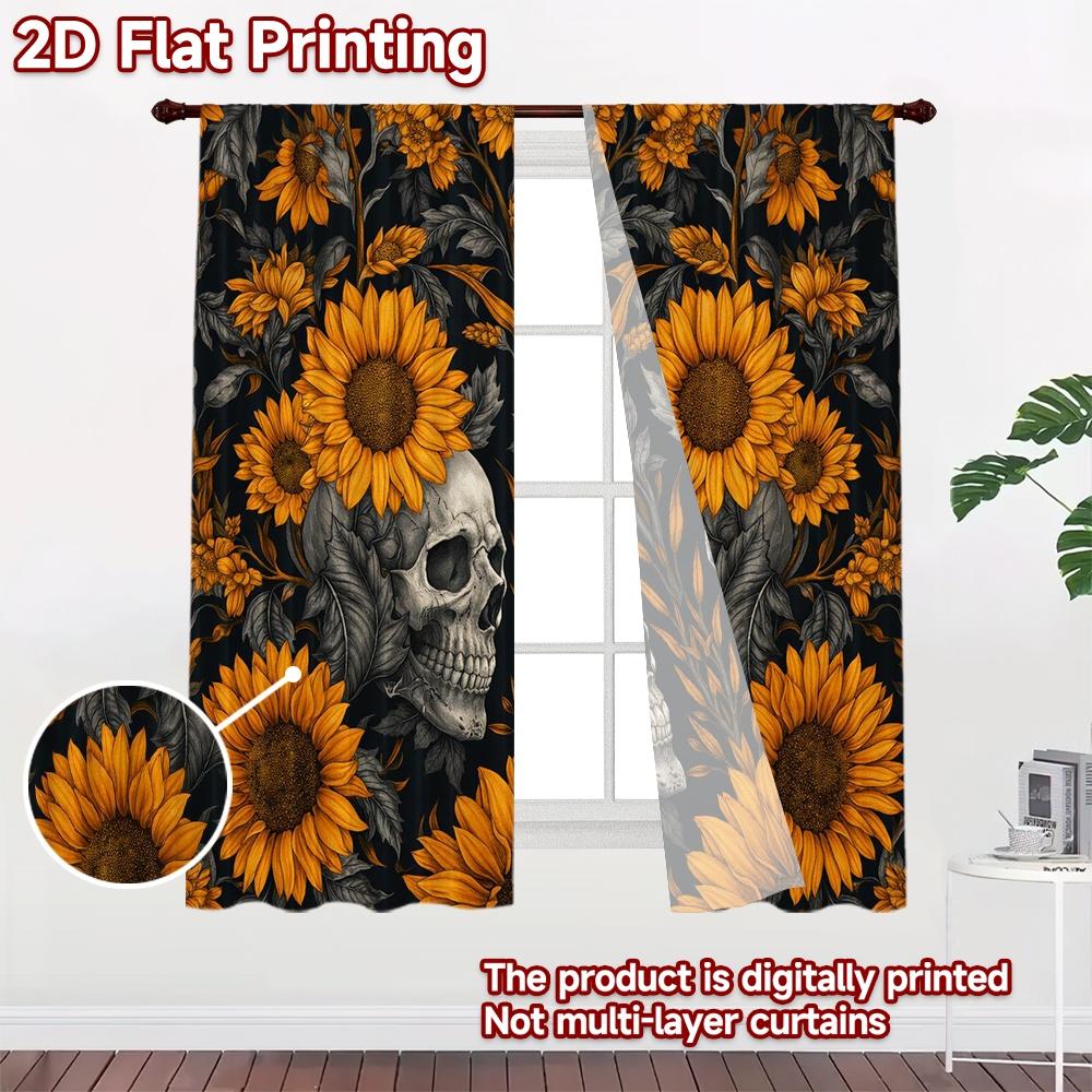 2D FLAT PRINTING 2pcs Curtains (Without Rod) Halloween Skulls with Sunflowers Popular Creative Curtains 100% Polyester Curtains