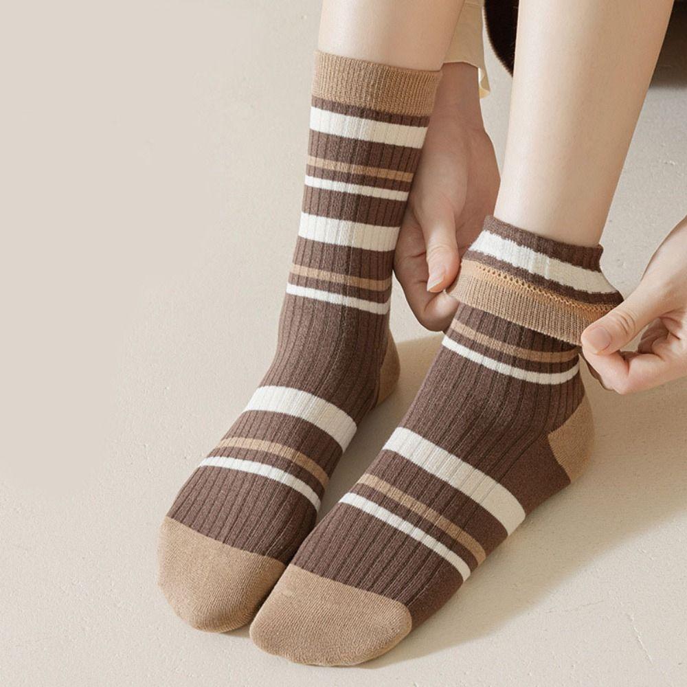 5Pairs Soft Stripe Tube Socks Breathable Mid-calf Socks Women's Cotton Socks  for Four Seasons