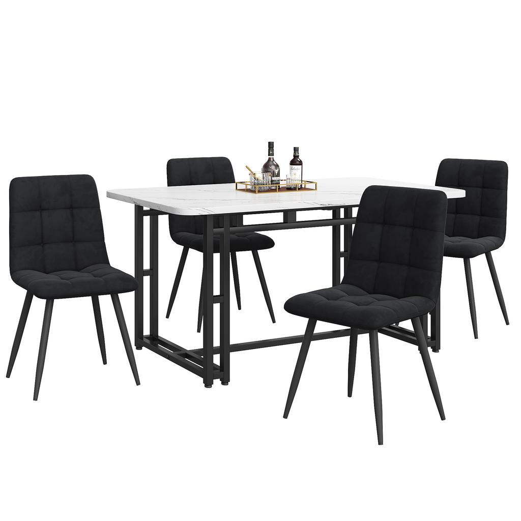 140x80cm Black Dining Table with 4 Chairs Set, Modern Kitchen Dining Table Set, Black Velvet Dining Chairs, Black Iron Leg Table
