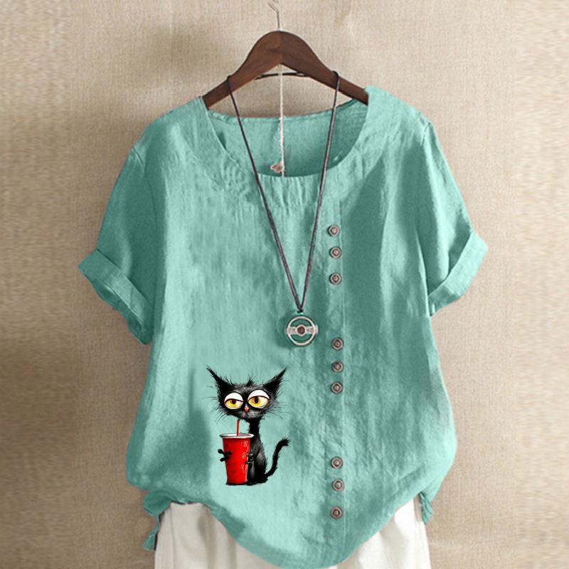 Women's Fashion Cat Prined Short Sleeve T-shirt Loose Cotton Shirt Casual Loose Summer Blouse Tops Plus Size