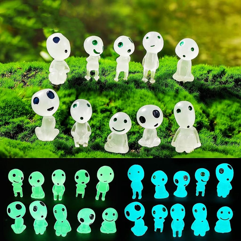 20-Piece Set of Resin Decorative Wooden Elf Figurines [10 Blue, 10 Green] + 2 Decorative Branches, Glow-in-the-Dark Bonsai DIY Decoration Dollhouse