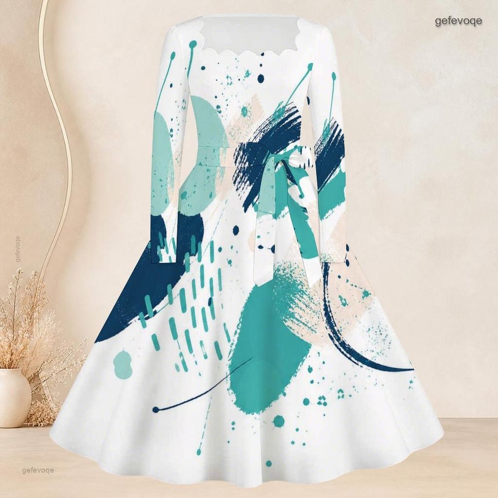 Womens Plus Size Square Neck Long Sleeve Abstract Botanical Printed Belted A Line Dress