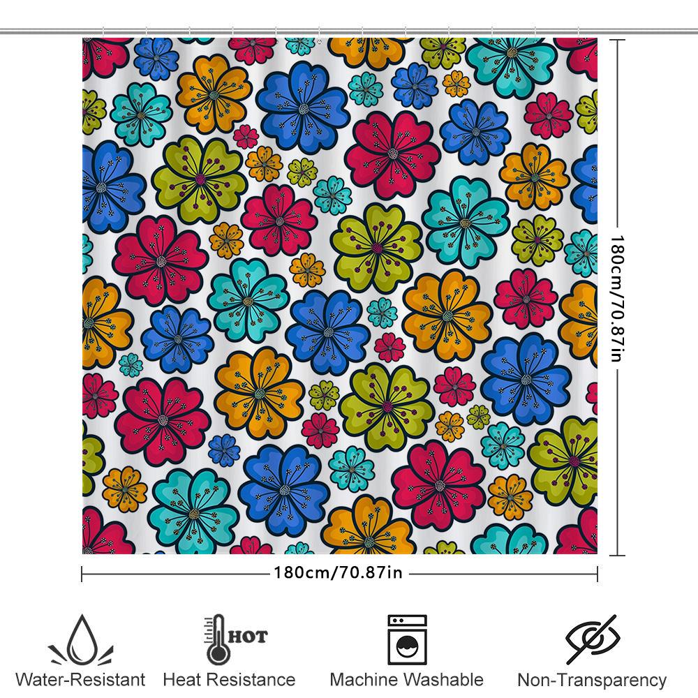 Vibrant Flower Shower Curtain Set For Bathroom Decor Multi-Colored Floral Print Waterproof Fabric With Rings Included.