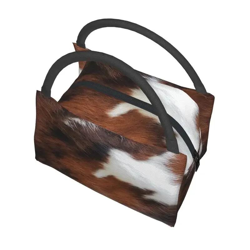 Cowhide Leather 3D Printing Resuable Lunch Box Women Waterproof Animal Fur Texture Thermal Cooler Food Insulated Lunch Bag