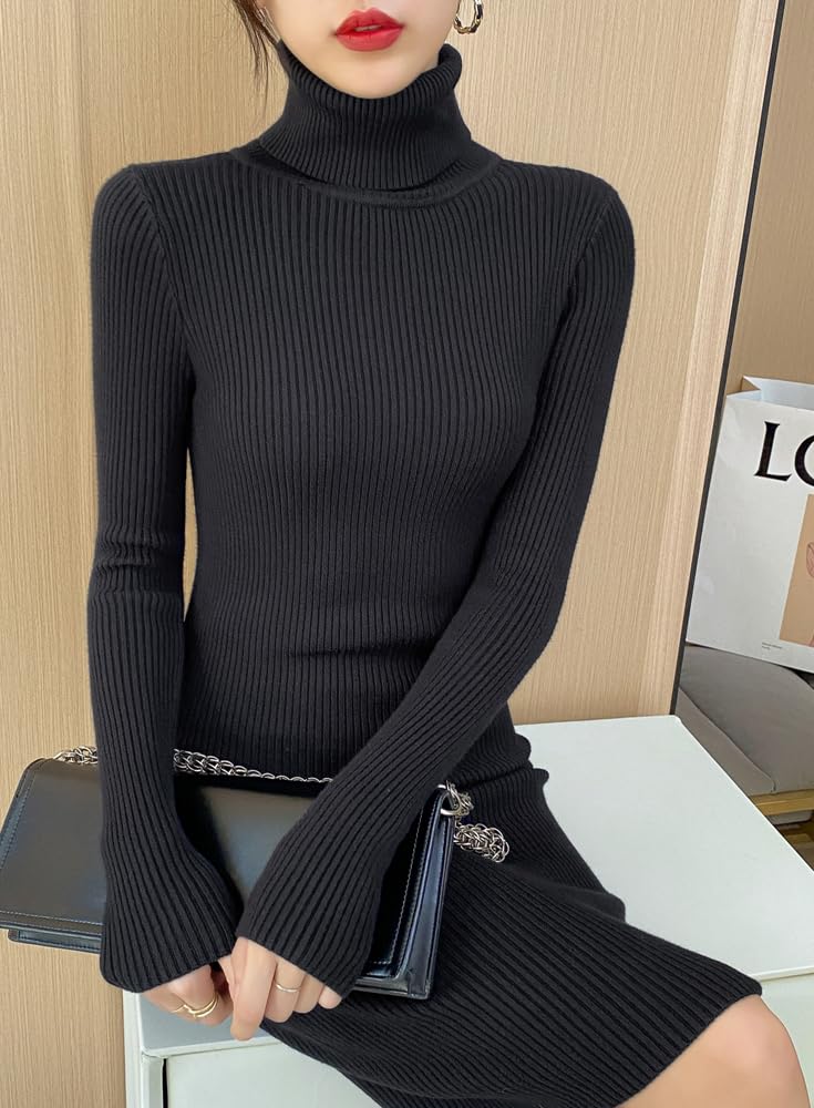 Hanmall Knit Gal Long Above the Solid High LON160 Women's Dress, Mini, Tight, Turtleneck, Sexy, Dress, Sleeves, Knee, Color, Waist, Autumn/Winter,