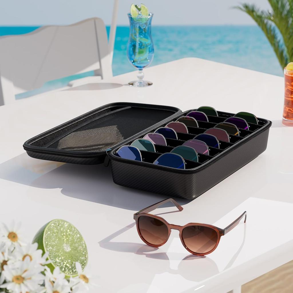 Travel Sunglasses Organizer Case with 8-Slot Adjustable Compartments, Hard EVA Eyeglasses Storage Bag for Men Women